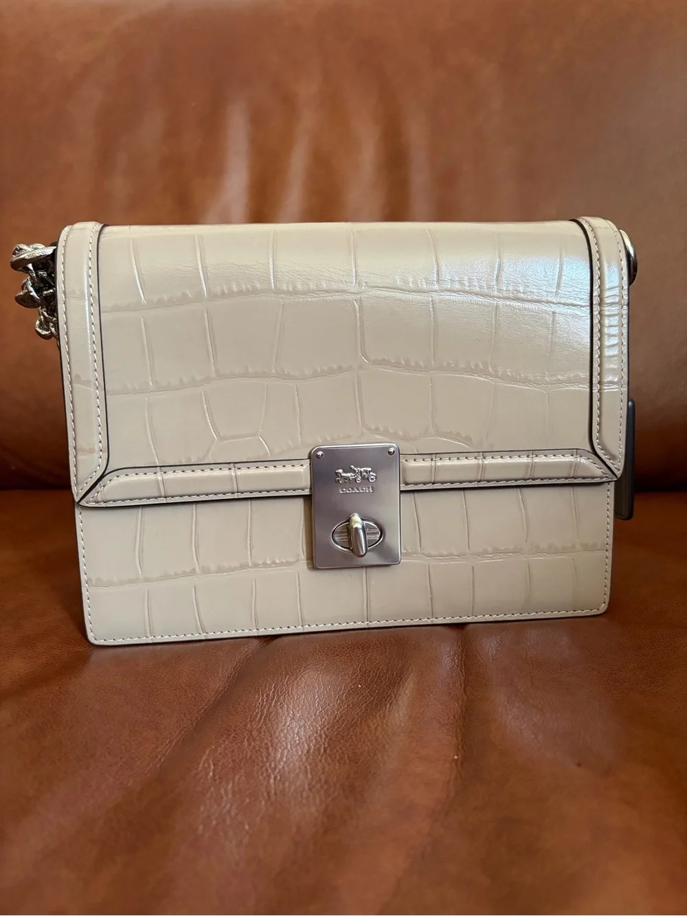 Coach Croc-Embossed Cream Crossbody with Black Trim